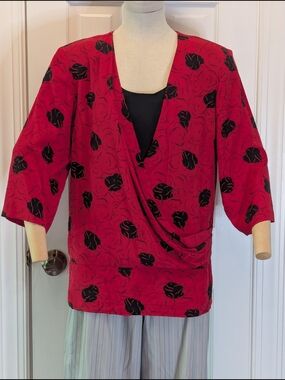 Vintage 1980s Red Silk Abstract Floral Draped V-Neck Women’s Drop Waist Blouse